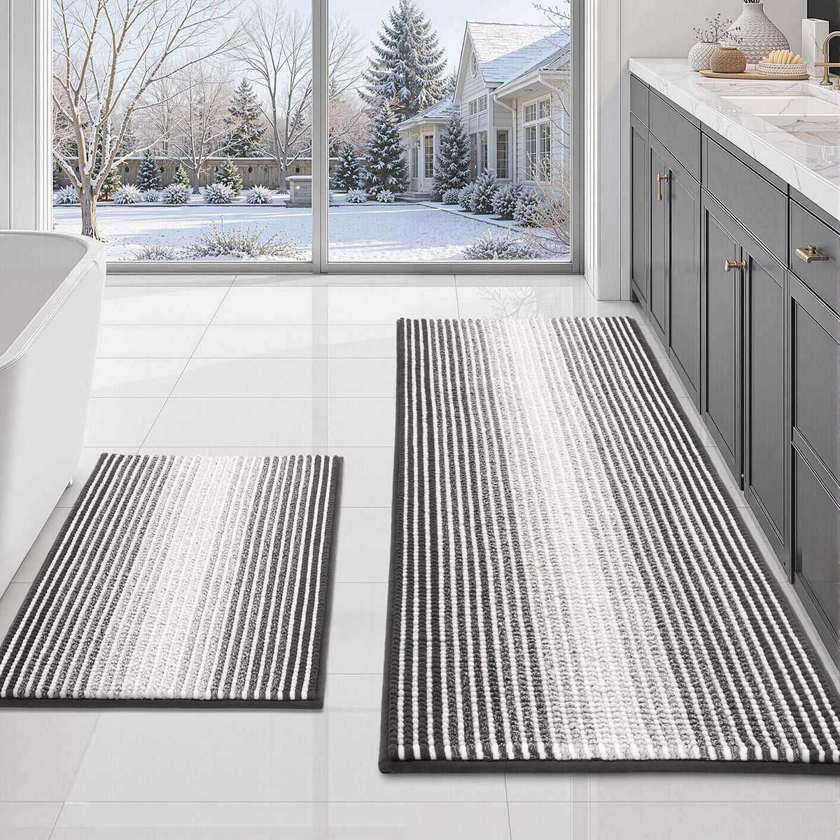 BSICPRO Large Chenille Bathroom Rugs Runner, 20x47 Striped Bath Mats, Beige
