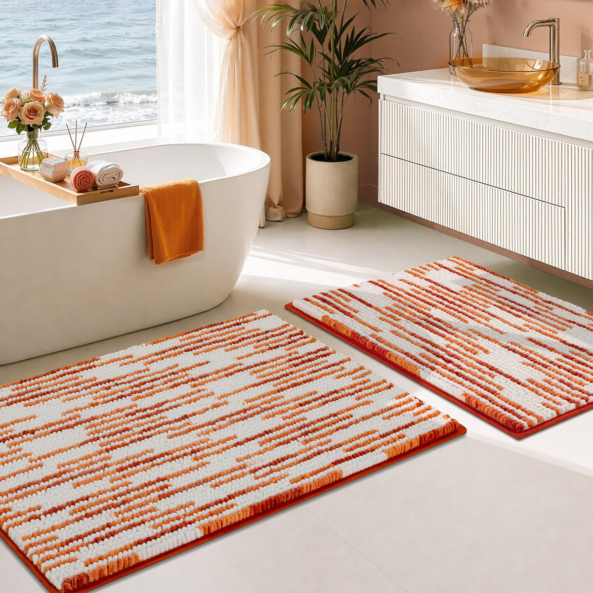 BSICPRO Large Chenille Bathroom Rugs Runner, 20x47 Striped Bath Mats, Beige