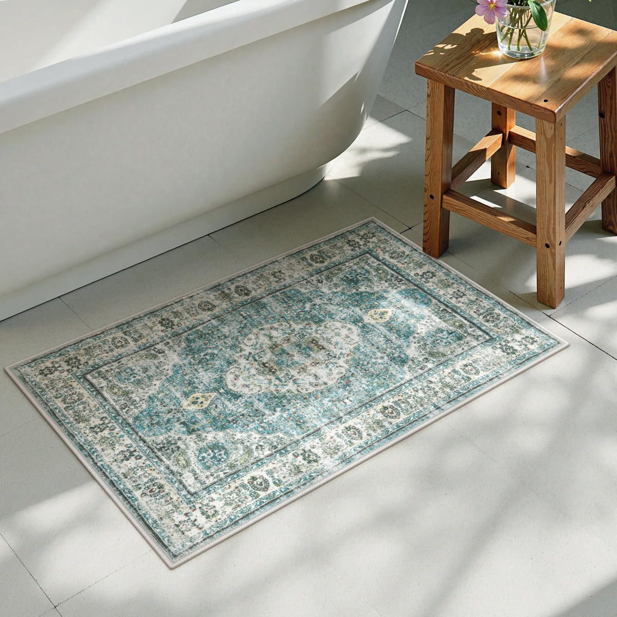 Uphome Boho Small Bath Mat, Distressed Farmhouse Light Khaki Bath Rugs, Comfy Velvet Bathroom Rugs Non Slip Washable, Vintage Oriental Toilet Rug for Sink Shower Vanity, 18x26 inch