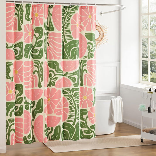 Ohocut Mid Century Modern Abstract Geometric Colorful Boho Shower Curtains for Bathroom, Cute Pink Floral Bathroom Shower Curtain, Vintage Retro Bath Curtain, Waterproof Shower Curtain 72''x72''