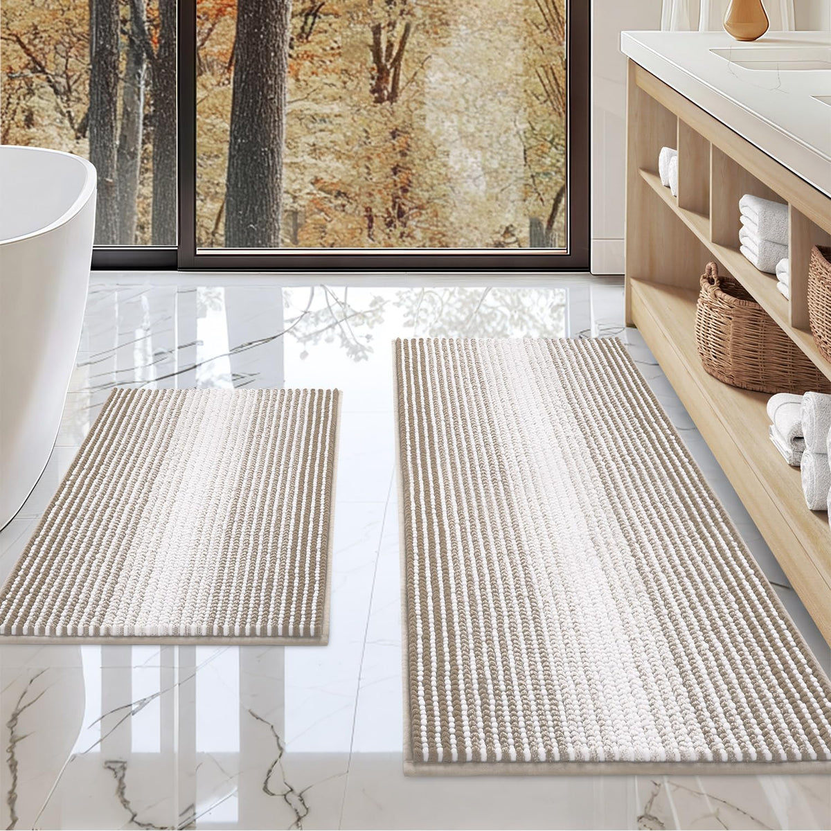 BSICPRO Large Chenille Bathroom Rugs Runner, 20x47 Striped Bath Mats, Beige
