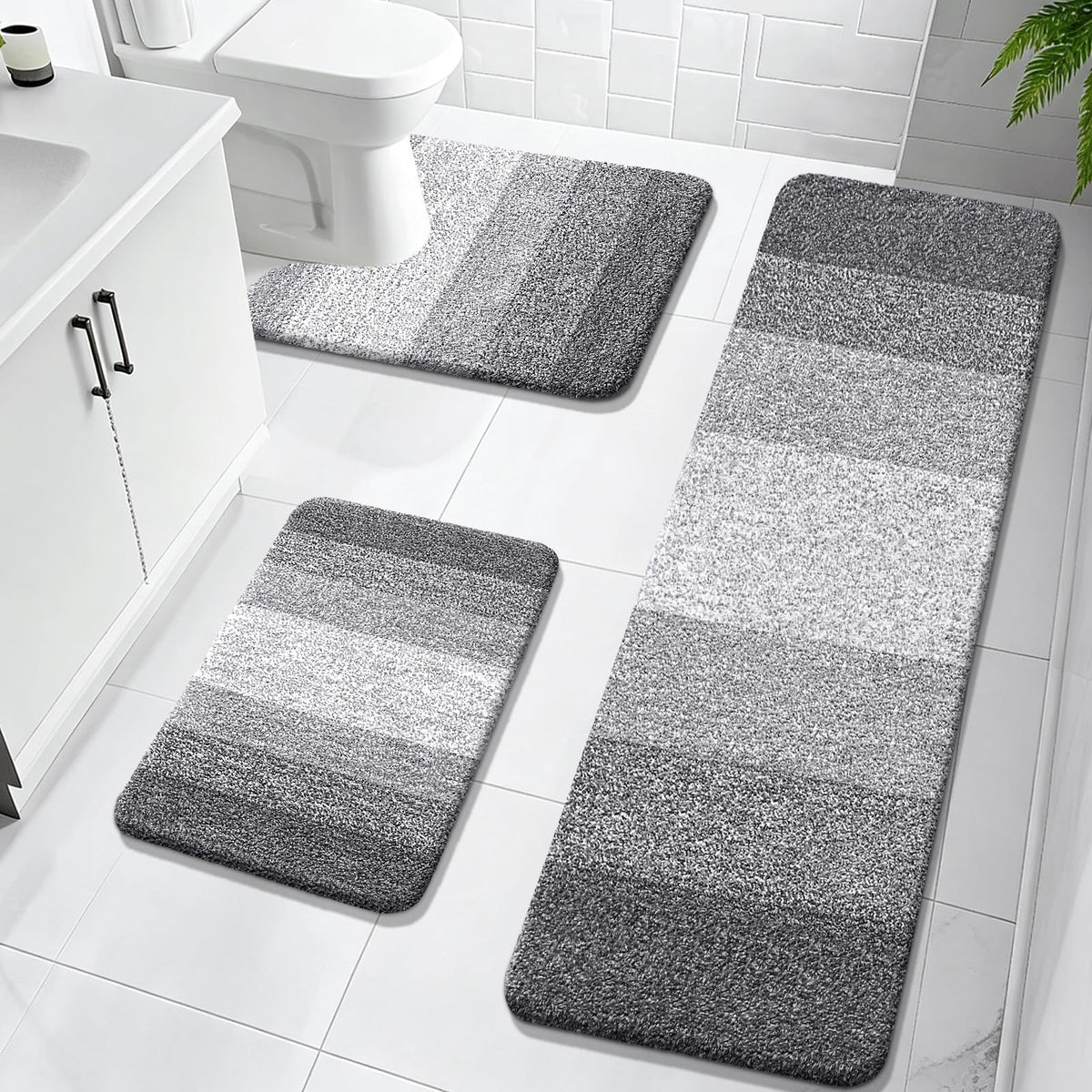 OLANLY Microfiber Bathroom Rugs Sets 3 Piece, Absorbent Bath Mats, Grey