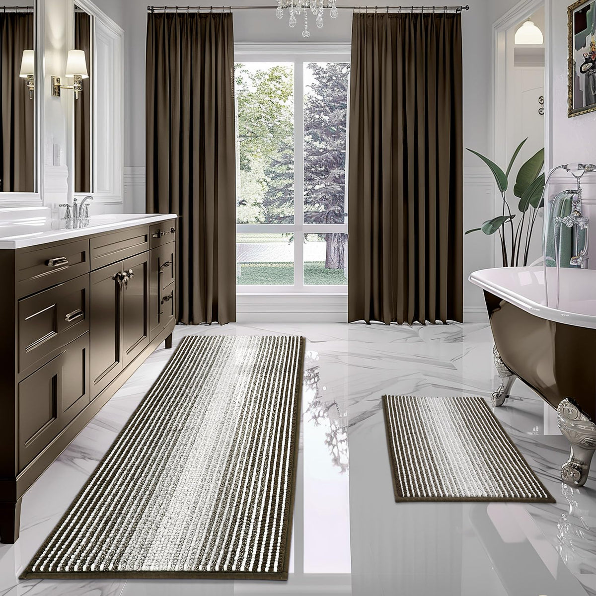 BSICPRO Large Chenille Bathroom Rugs Runner, 20x47 Striped Bath Mats, Beige