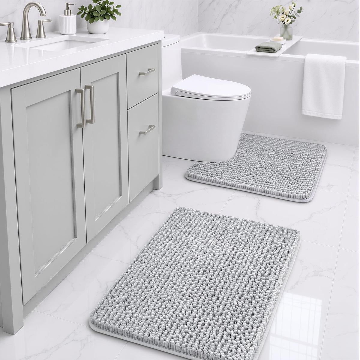 Ophanie Grey Bathroom Rugs 30x20, Soft Chenille Bath Mat, Non Slip Absorbent Quick Dry Light Gray Mats, Machine Washable Thick Small Area Rug Sets,Grip Bathmat for Shower,Toilet,Sink and Indoor Floor