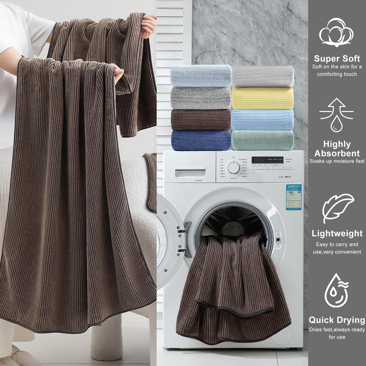8-Piece Premium Towel Set for Bathroom|2 Oversized Large Bath Sheet,2 Hand Towels,4 Washcloths|Soft Cozy Highly Absorbent Fast Dry Microfiber Shower Towel Set for Hotel Bathroom Essentials,Dark Brown