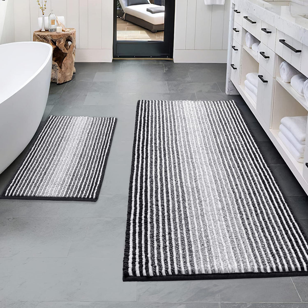BSICPRO Large Chenille Bathroom Rugs Runner, 20x47 Striped Bath Mats, Beige
