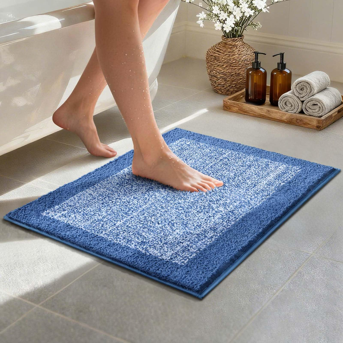 48x24 Long Bathroom Rugs Non Slip Washable, Soft Absorbent Bath Mat Blue