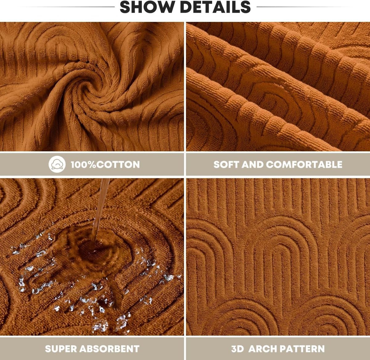 Artoid Mode 2 Pcs Caramel 3D Arched Stripes Jacquard Hand Towels for Bathroom, 100% Cotton Soft Absorbent Bathroom Decor Towels, 13.7 x 29.5 Inch