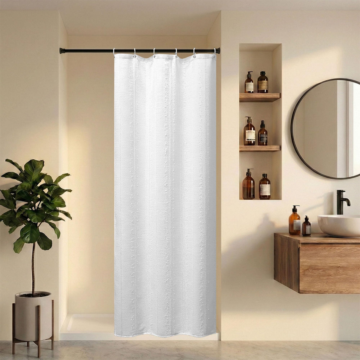 White Shower Curtain Boho, Textured Shower Curtain Cotton Blend Waffle Weave Stripe Fabric Shower Curtains for Bathroom, Hotel, Washable, 72 x 72