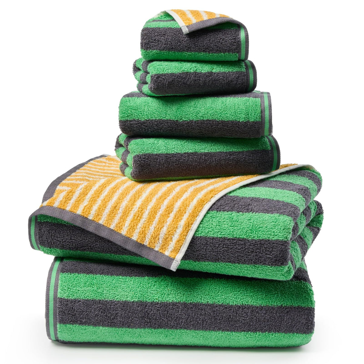 ecolook Reversible Striped Towel Set of 6, Soft 100% Cotton, Blue & Green