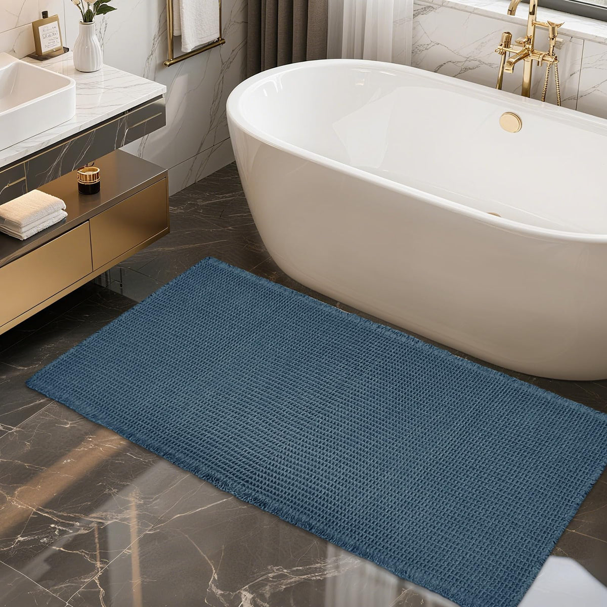 ZALL Waffle Bath Mat,Dark Green Super Absorbent Non Slip Bathroom Rug,17x24inch,Machine Washable Ultra Soft Floor Mats