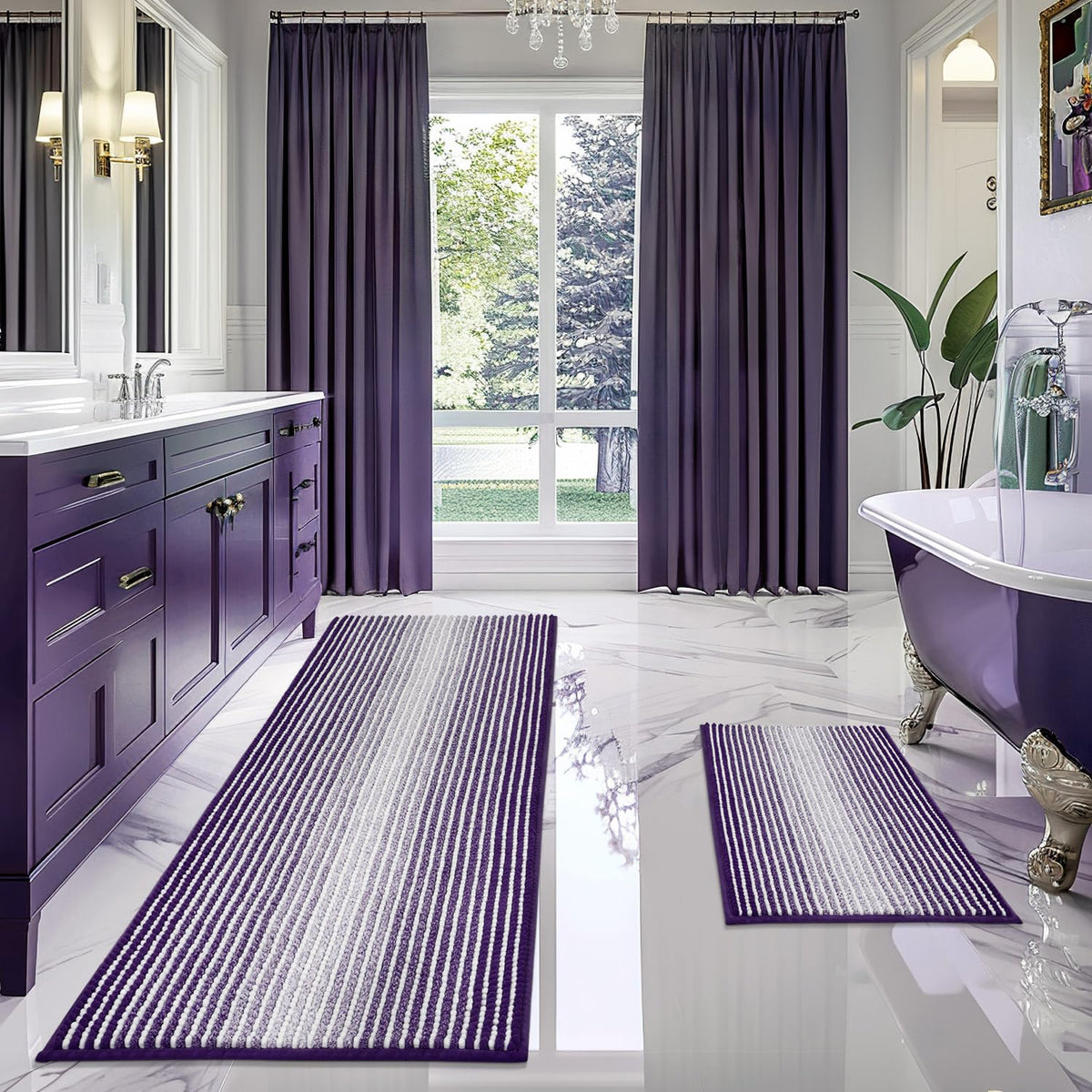 BSICPRO Large Chenille Bathroom Rugs Runner, 20x47 Striped Bath Mats, Beige
