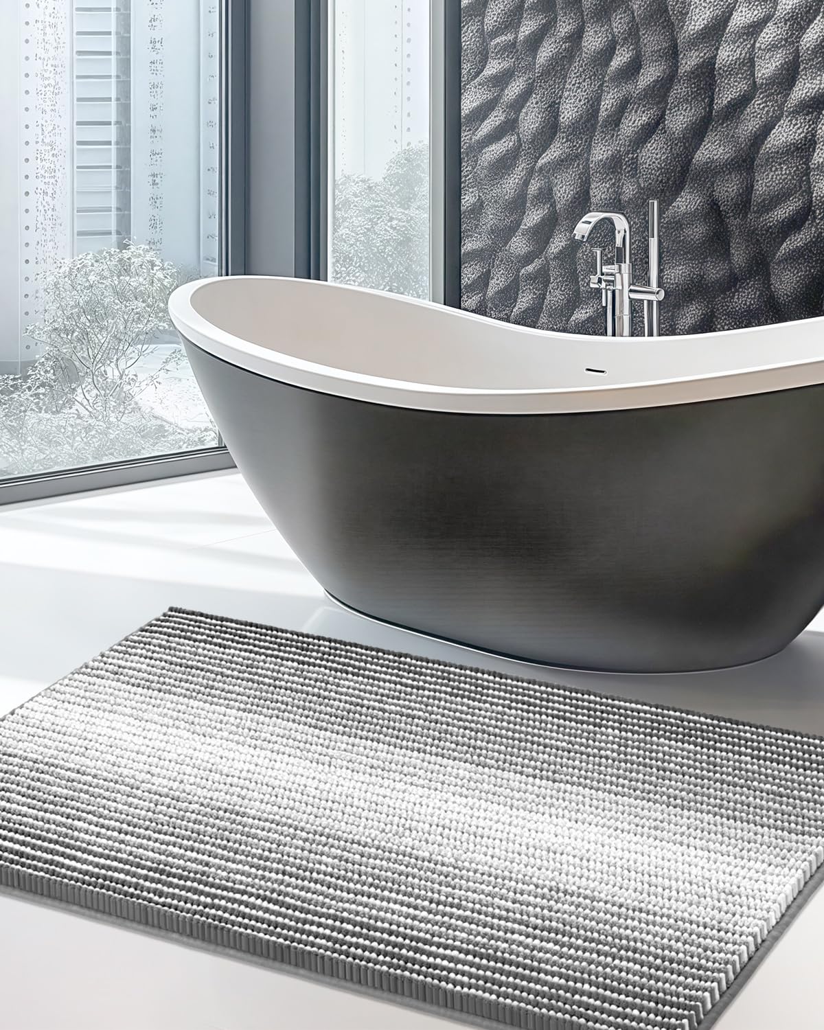 BSICPRO Large Chenille Bathroom Rugs Runner, 20x47 Striped Bath Mats, Beige