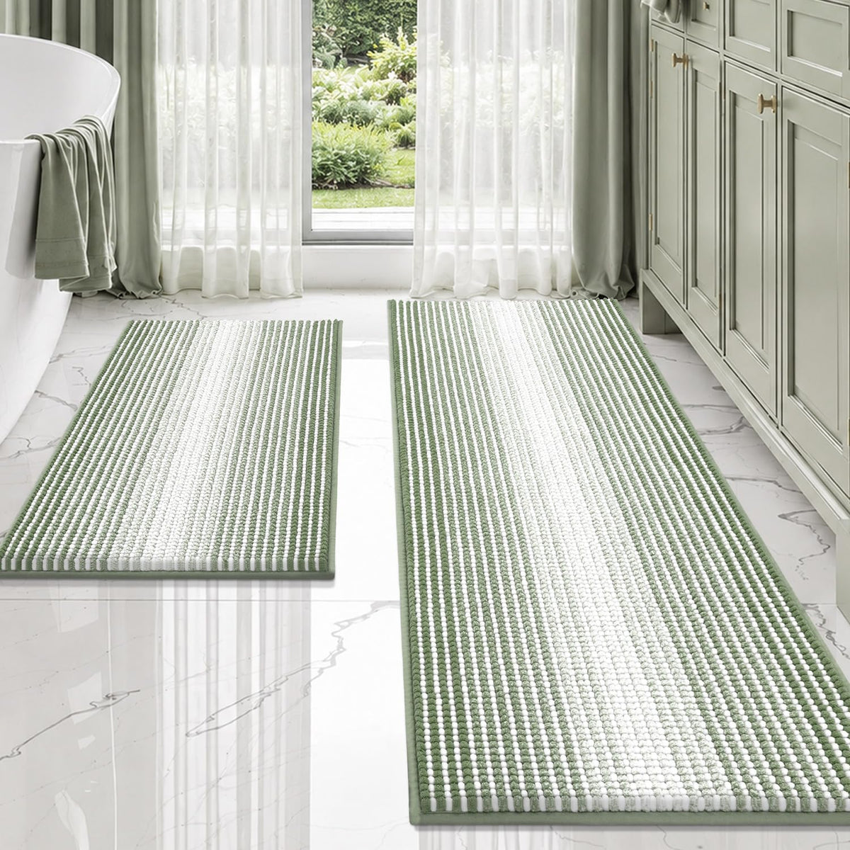 BSICPRO Large Chenille Bathroom Rugs Runner, 20x47 Striped Bath Mats, Beige