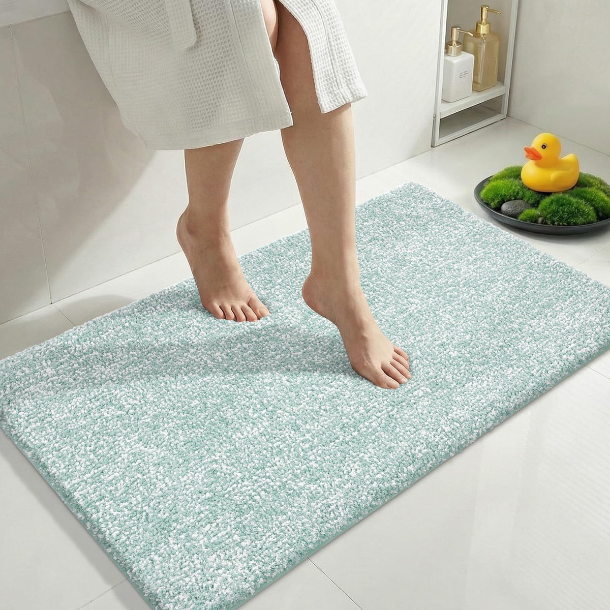 Yimobra Non Slip Machine Washable Bathroom Rug 32x20 Light Blue and White