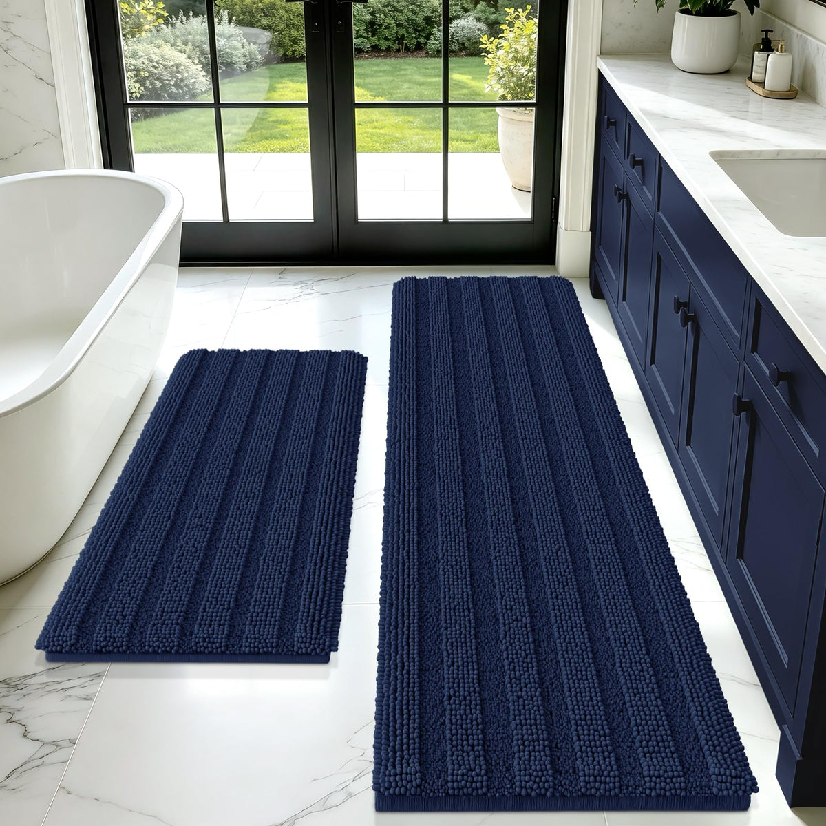 ACCUMTEK Christmas Striped Pink Bathroom Rug Set 3 Pieces Ultra Soft, Non Slip Chenille Toilet Mat, Absorbent Plush Shaggy Bath Mats for Bathroom, Bedroom, Kitchen