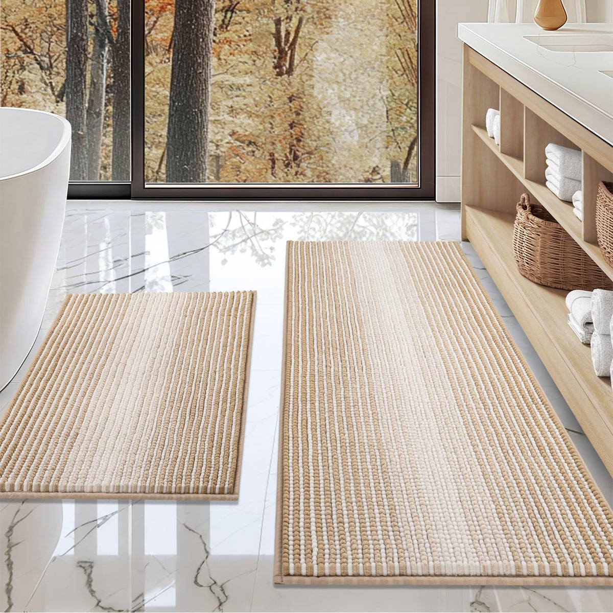 BSICPRO Large Chenille Bathroom Rugs Runner, 20x47 Striped Bath Mats, Beige