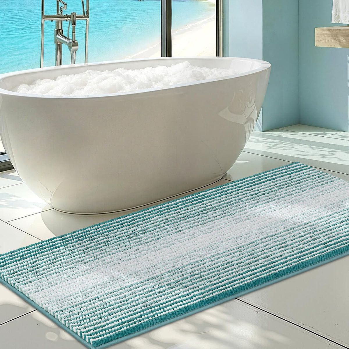 BSICPRO Large Chenille Bathroom Rugs Runner, 20x47 Striped Bath Mats, Beige