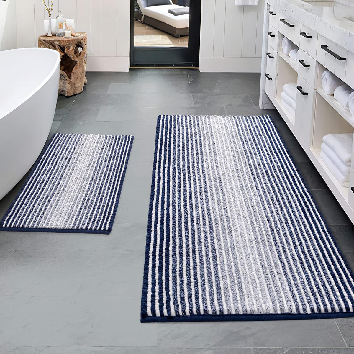 BSICPRO Large Chenille Bathroom Rugs Runner, 20x47 Striped Bath Mats, Beige
