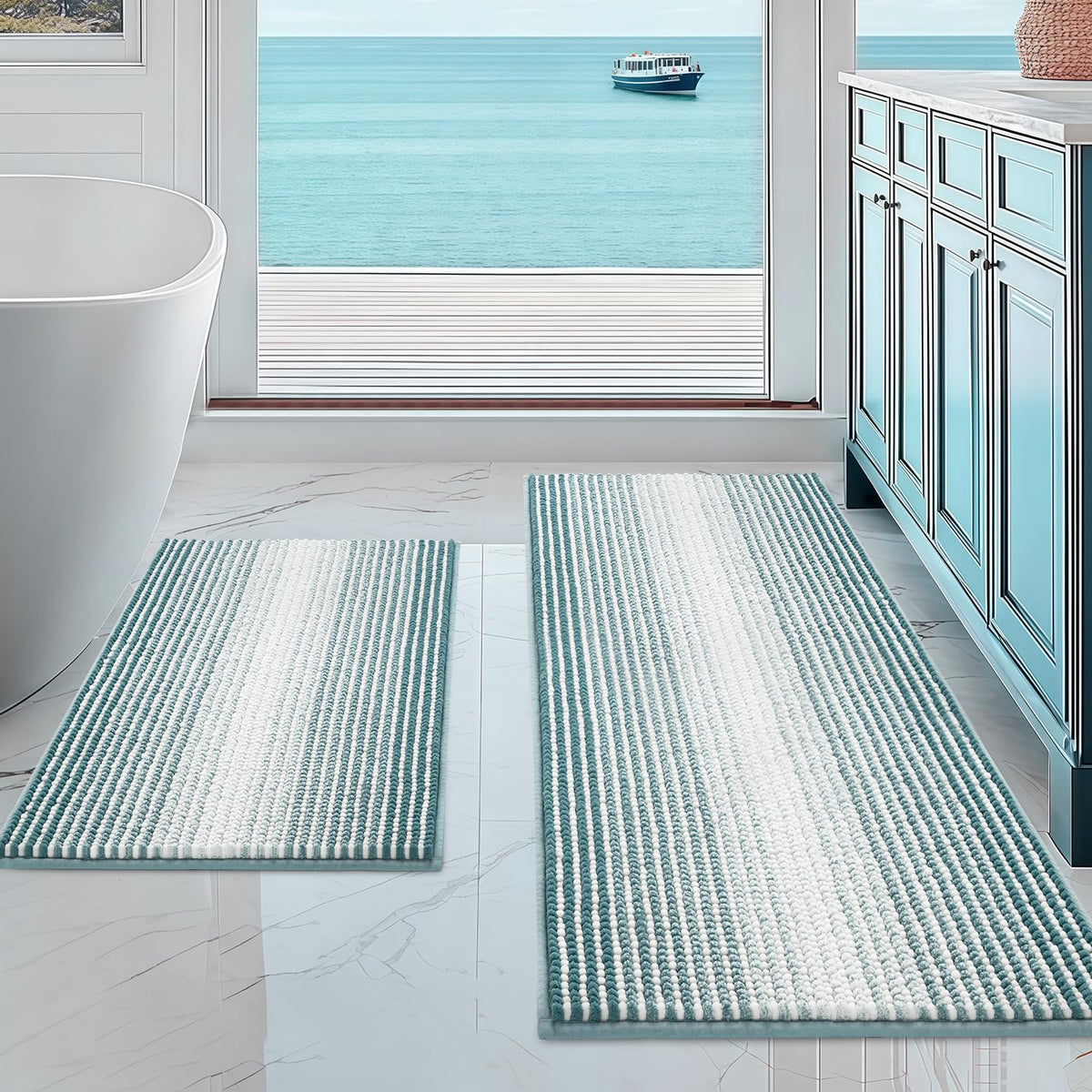 BSICPRO Large Chenille Bathroom Rugs Runner, 20x47 Striped Bath Mats, Beige
