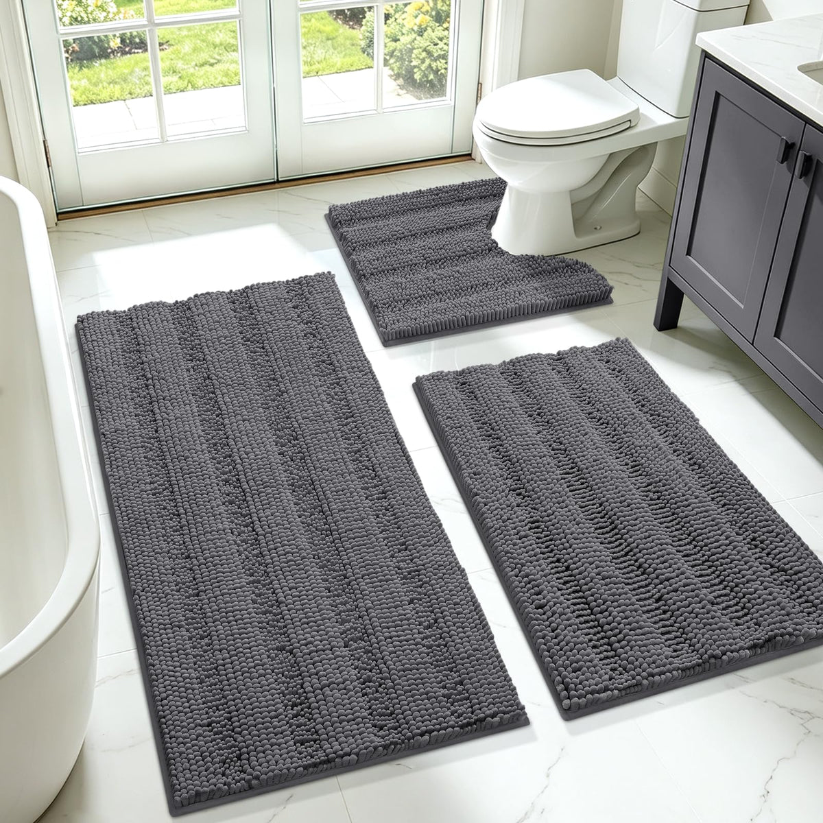 ACCUMTEK Christmas Striped Pink Bathroom Rug Set 3 Pieces Ultra Soft, Non Slip Chenille Toilet Mat, Absorbent Plush Shaggy Bath Mats for Bathroom, Bedroom, Kitchen