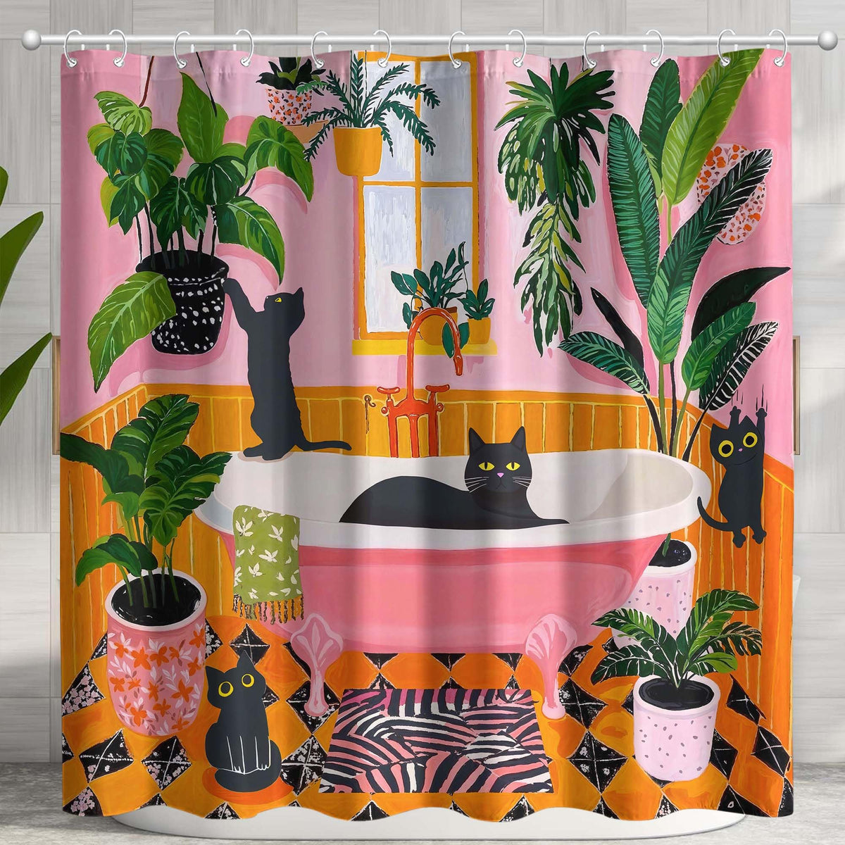 Funny Cat Shower Curtain for Bathroom Green 72x72 Inch