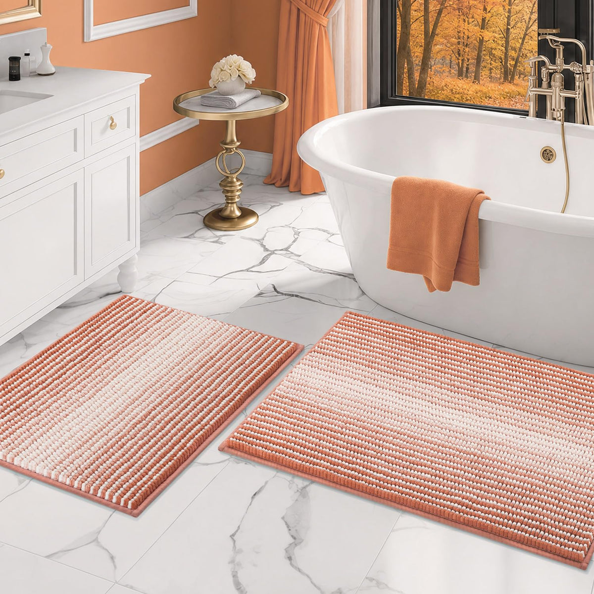 BSICPRO Large Chenille Bathroom Rugs Runner, 20x47 Striped Bath Mats, Beige