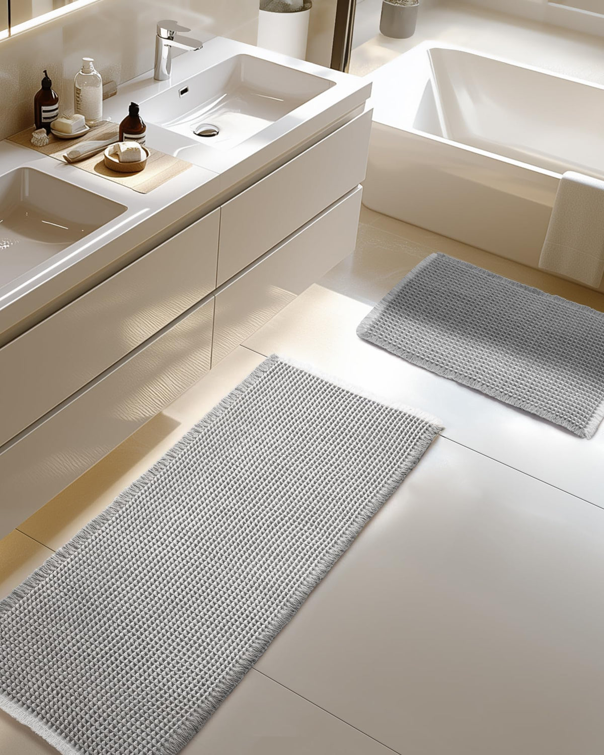 Furicher Large Waffle Bath Mat Set, Non Slip Bath Rug Set, Ultra Absorbent Bath Mats for Bathroom Decor, Extra Soft Floor Kitchen Rugs Sets 2 Piece, Washable Bath Runner Rug, Brown, 20"×47" & 16"×24"