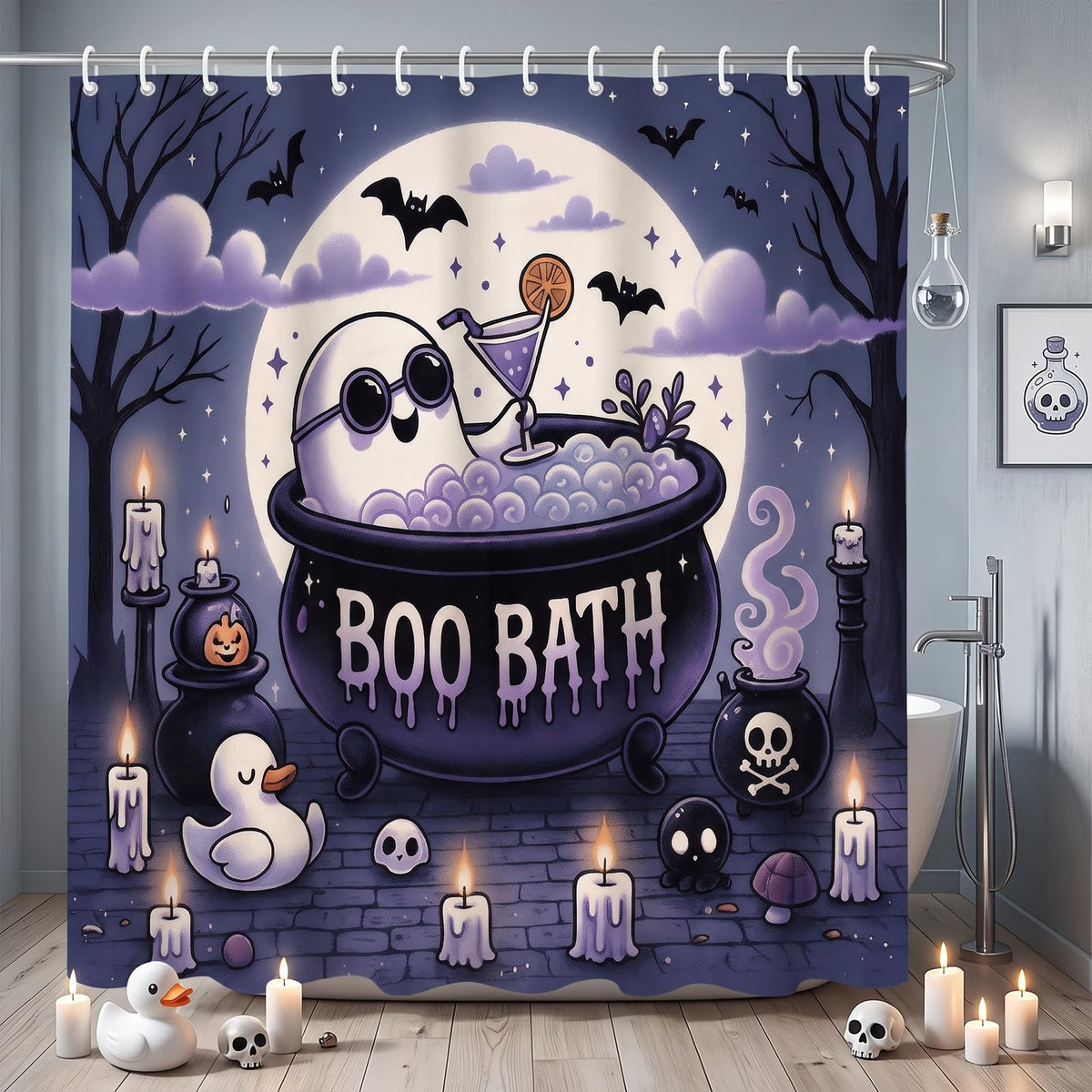 Halloween Shower Curtain 71x71in, Ghost Floral Bath Bathroom Decor