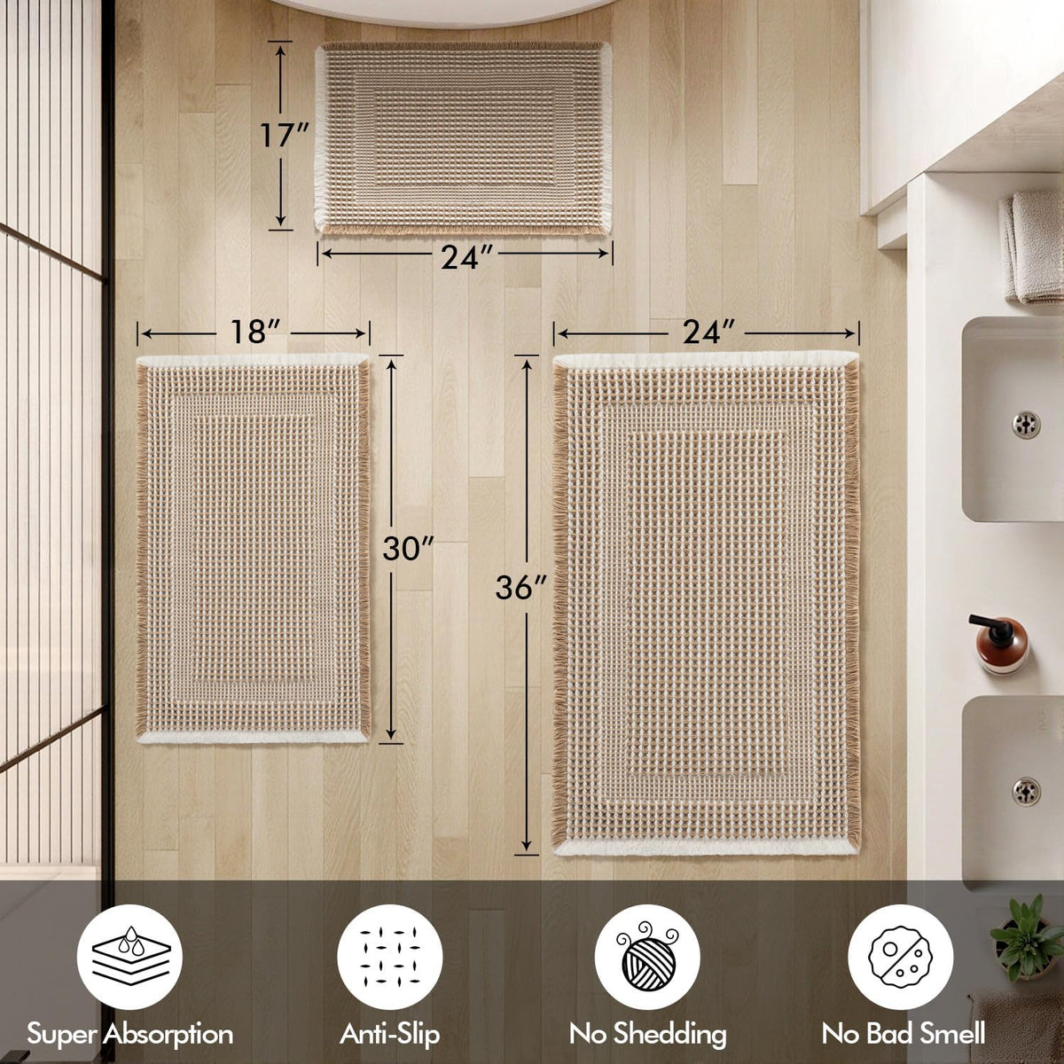 MIULEE Set of 2 Waffle Bathroom Rugs Brown&Cream Boho Bath Mat 17x24+18x30