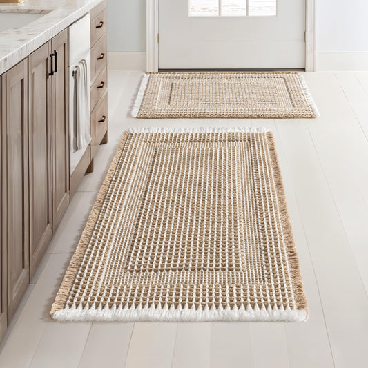 MIULEE Set of 2 Waffle Bathroom Rugs Brown&Cream Boho Bath Mat 17x24+18x30