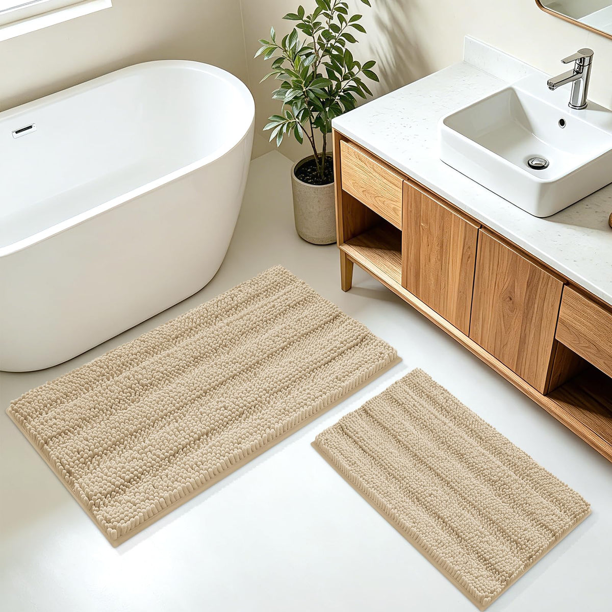 ACCUMTEK Christmas Striped Pink Bathroom Rug Set 3 Pieces Ultra Soft, Non Slip Chenille Toilet Mat, Absorbent Plush Shaggy Bath Mats for Bathroom, Bedroom, Kitchen