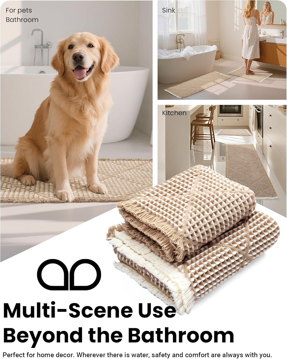Furicher Waffle Bath Mat Set, Non Slip Bathroom Rugs 2 Piece, Brown & White