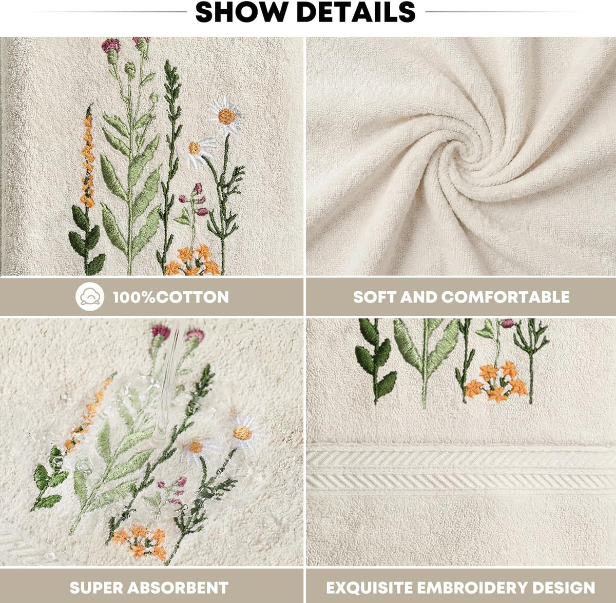 Artoid Mode 2 Pcs Beige Wildflower Floral Embroidered Hand Towels for Bathroom, 100% Cotton Soft Absorbent Farmhouse Decor Towels, 13.7 x 29.5 Inch