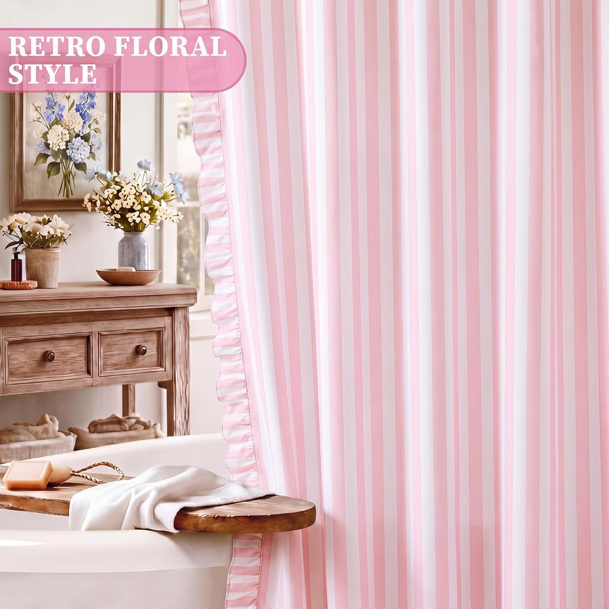 Pink Ruffled Striped Shower Curtain
