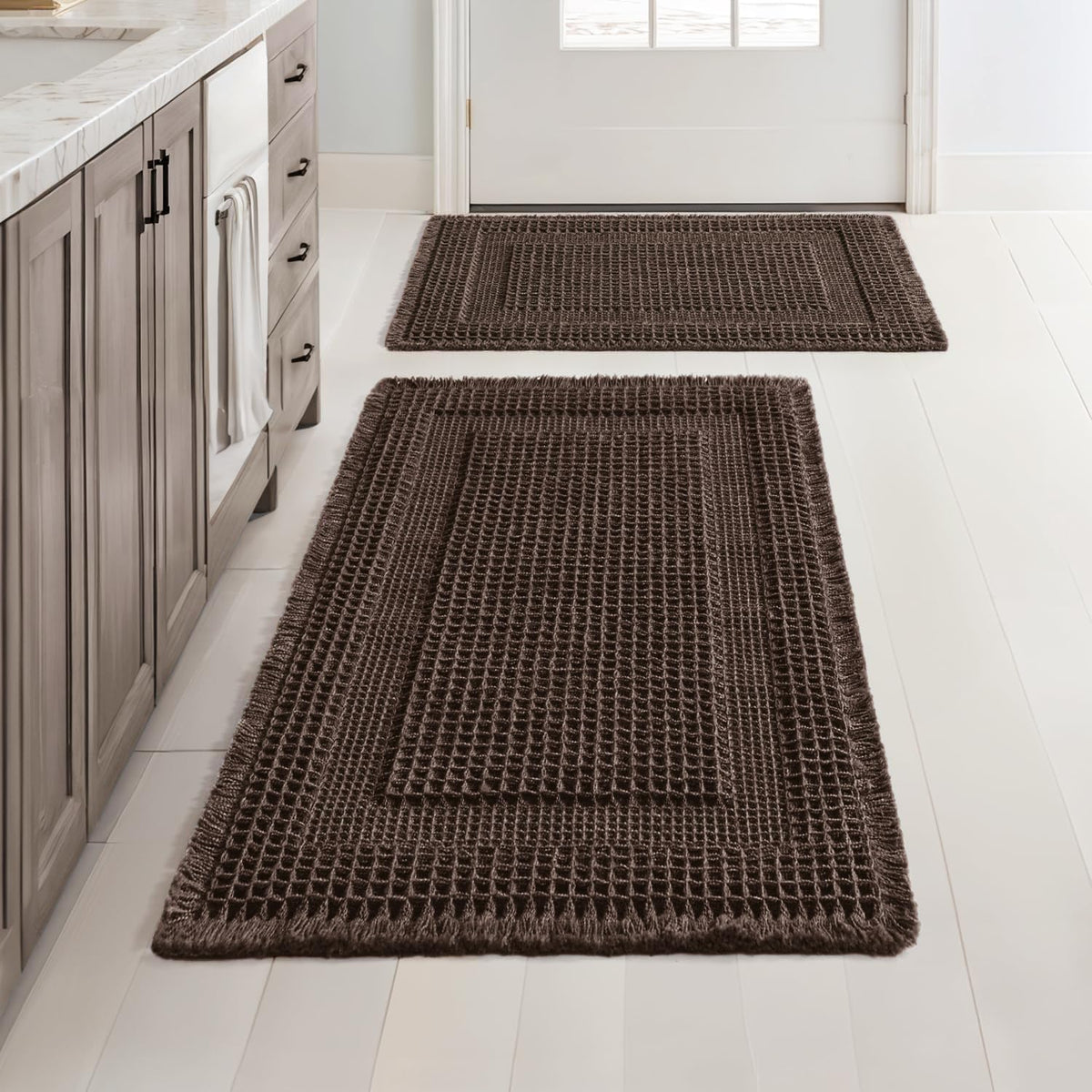 MIULEE Set of 2 Waffle Bathroom Rugs Brown&Cream Boho Bath Mat 17x24+18x30