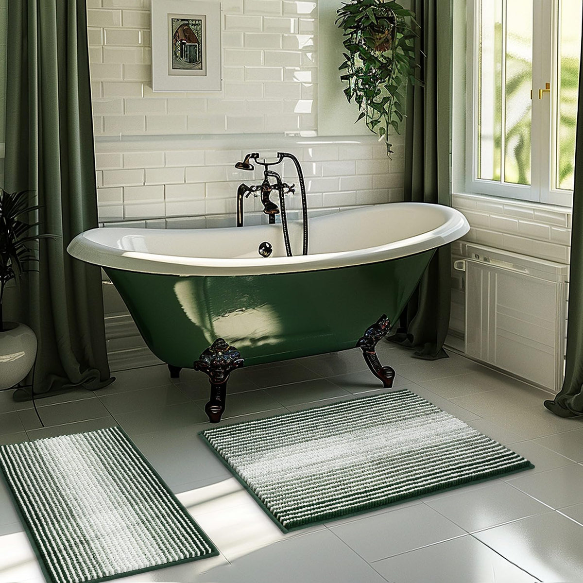 BSICPRO Large Chenille Bathroom Rugs Runner, 20x47 Striped Bath Mats, Beige
