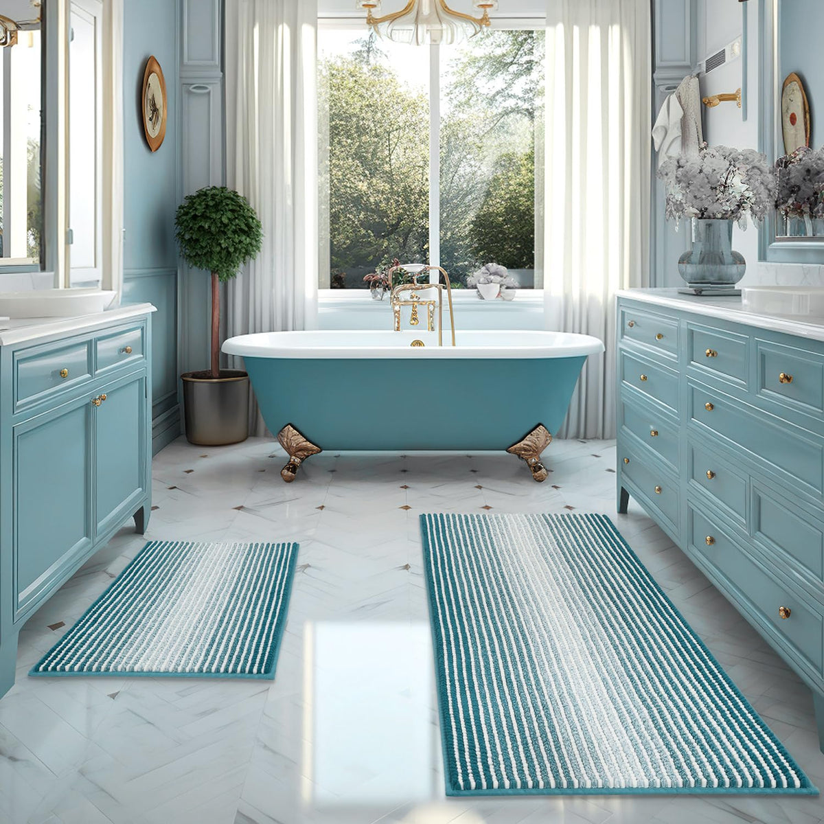 BSICPRO Large Chenille Bathroom Rugs Runner, 20x47 Striped Bath Mats, Beige