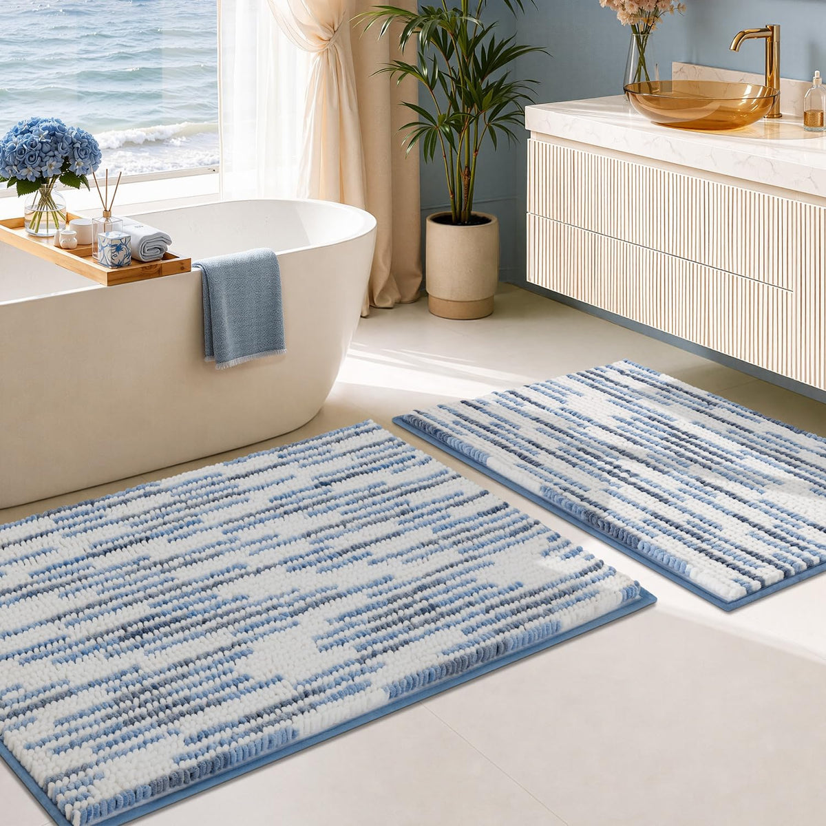 BSICPRO Large Chenille Bathroom Rugs Runner, 20x47 Striped Bath Mats, Beige