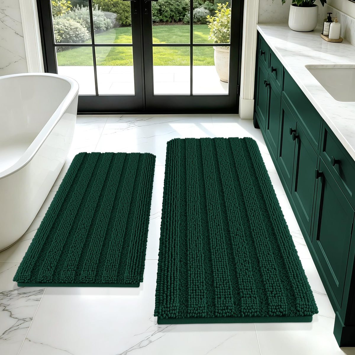 ACCUMTEK Christmas Striped Pink Bathroom Rug Set 3 Pieces Ultra Soft, Non Slip Chenille Toilet Mat, Absorbent Plush Shaggy Bath Mats for Bathroom, Bedroom, Kitchen