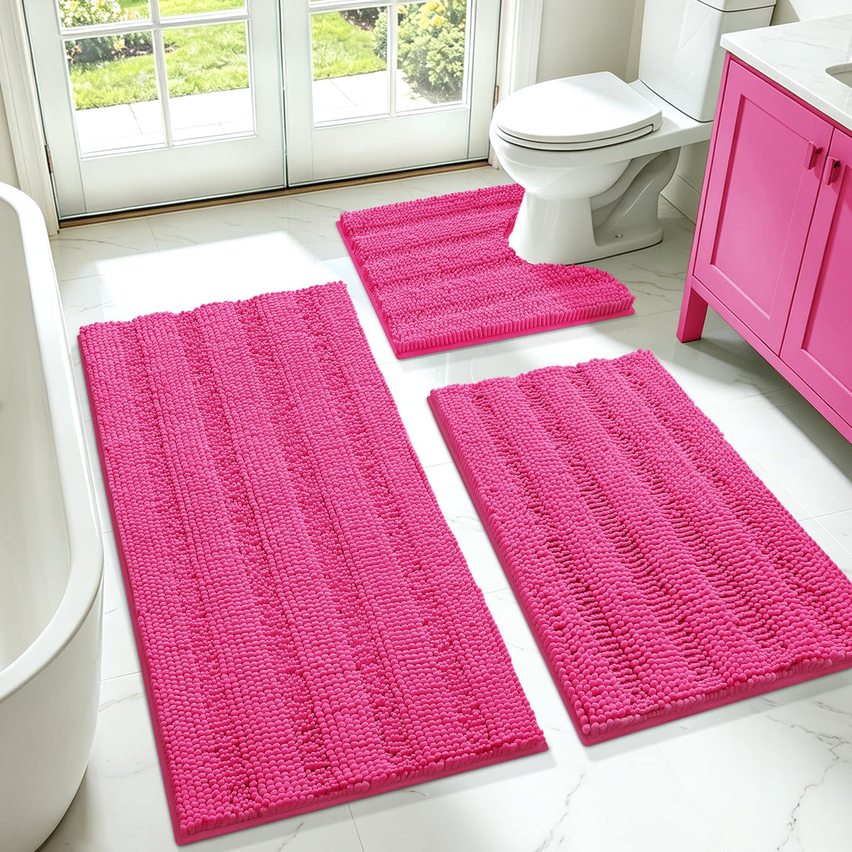 ACCUMTEK Christmas Striped Pink Bathroom Rug Set 3 Pieces Ultra Soft, Non Slip Chenille Toilet Mat, Absorbent Plush Shaggy Bath Mats for Bathroom, Bedroom, Kitchen