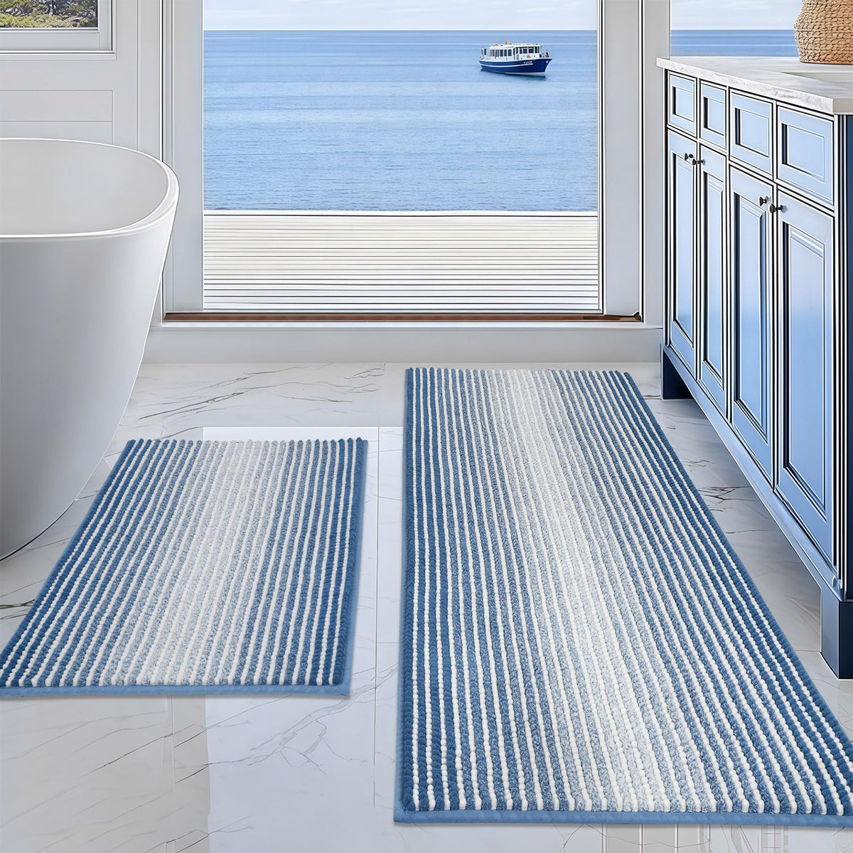 BSICPRO Large Chenille Bathroom Rugs Runner, 20x47 Striped Bath Mats, Beige
