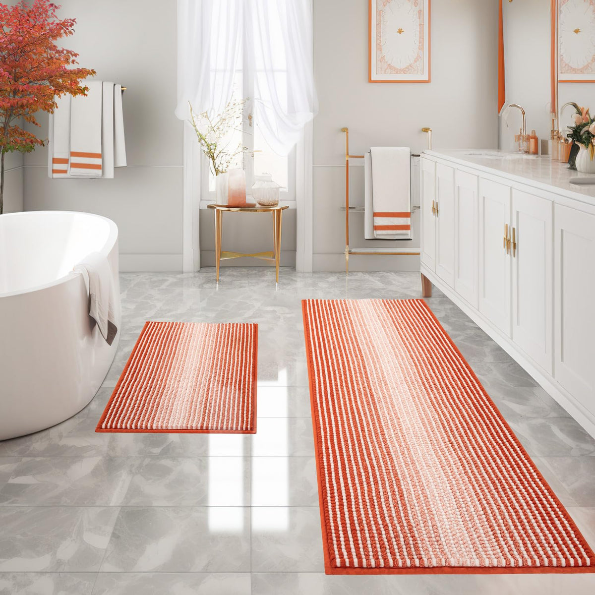 BSICPRO Large Chenille Bathroom Rugs Runner, 20x47 Striped Bath Mats, Beige