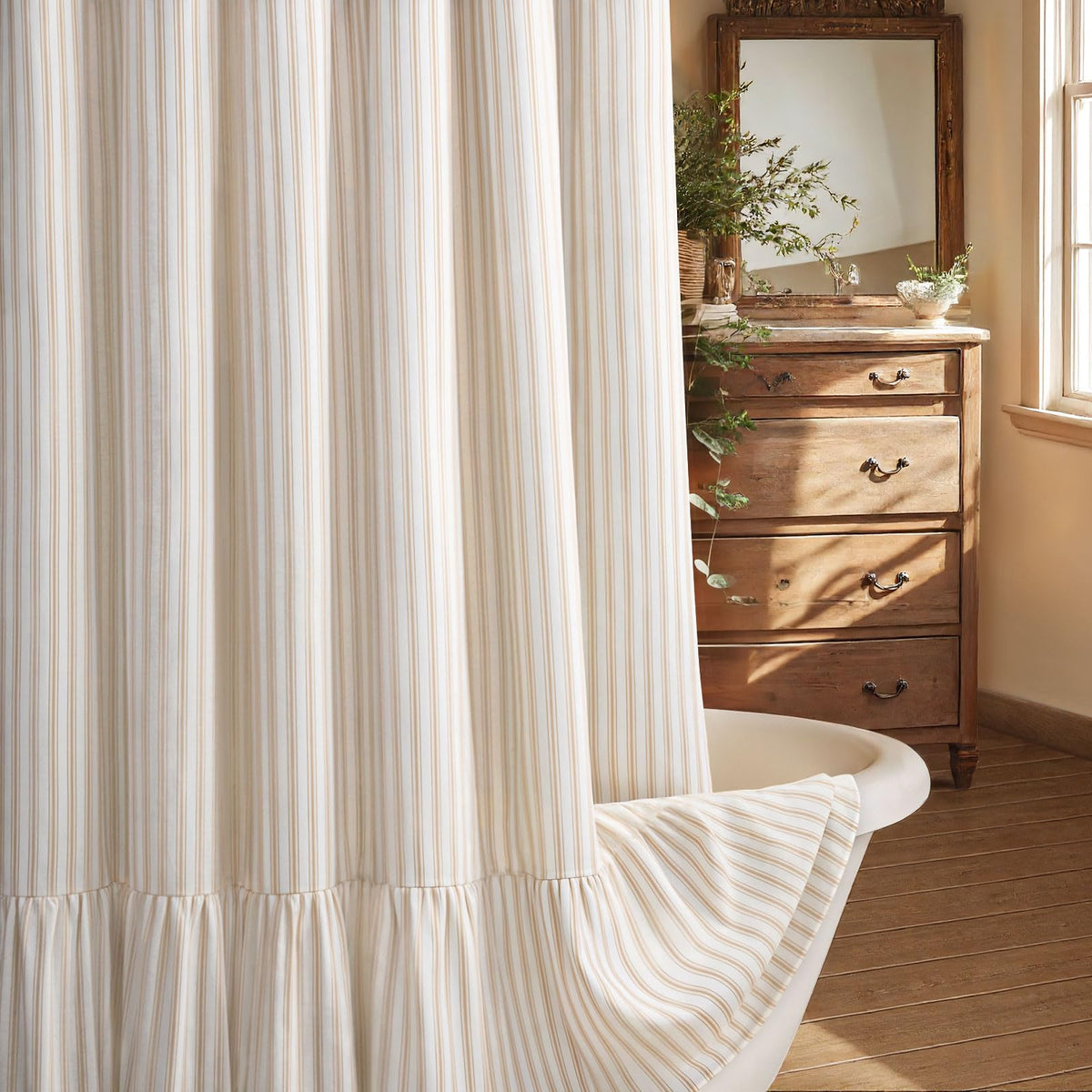 Farmhouse Shower Curtain Ruffle Linen Beige 72" W x 72" L