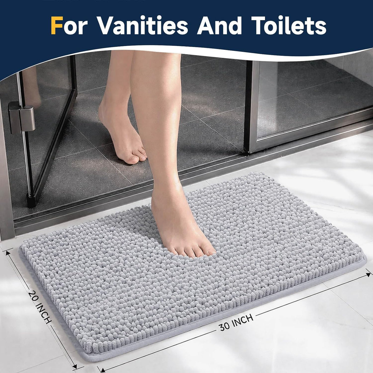 Ophanie Grey Bathroom Rugs 30x20, Soft Chenille Bath Mat, Non Slip Absorbent Quick Dry Light Gray Mats, Machine Washable Thick Small Area Rug Sets,Grip Bathmat for Shower,Toilet,Sink and Indoor Floor