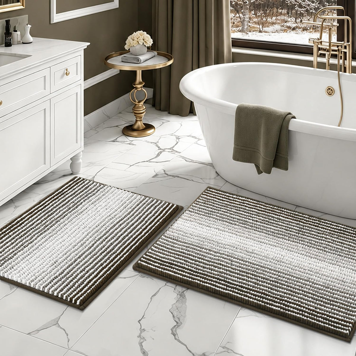 BSICPRO Large Chenille Bathroom Rugs Runner, 20x47 Striped Bath Mats, Beige