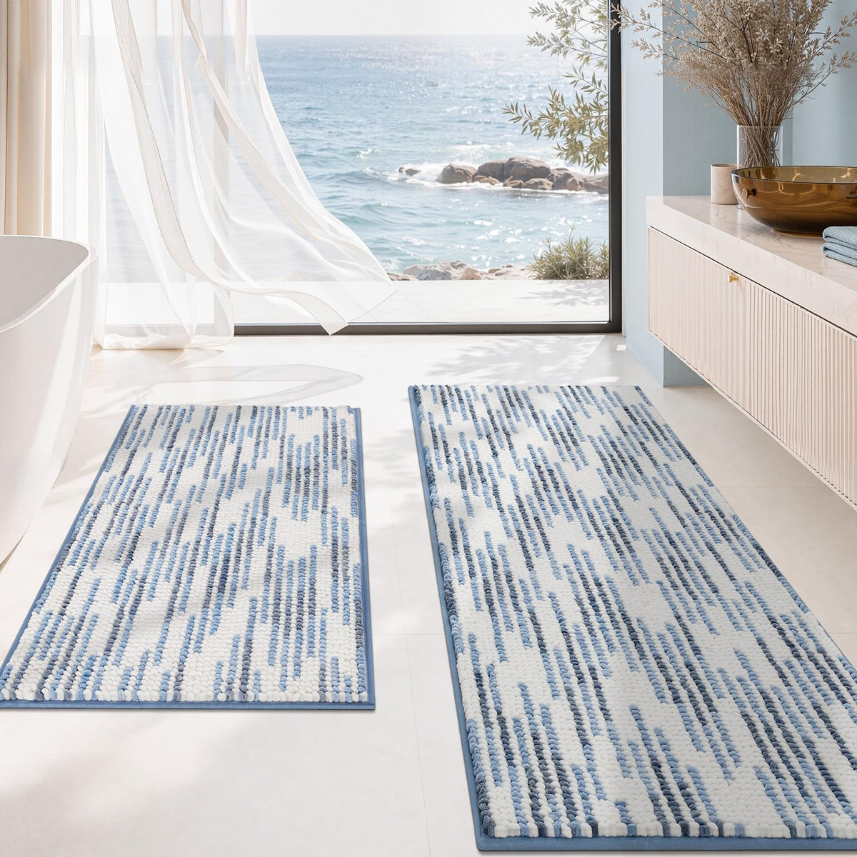 BSICPRO Large Chenille Bathroom Rugs Runner, 20x47 Striped Bath Mats, Beige