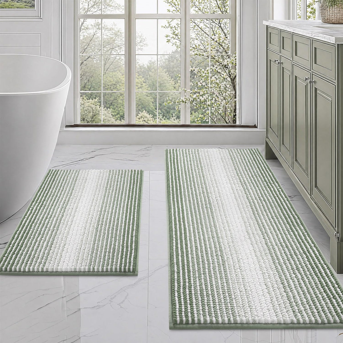 BSICPRO Large Chenille Bathroom Rugs Runner, 20x47 Striped Bath Mats, Beige