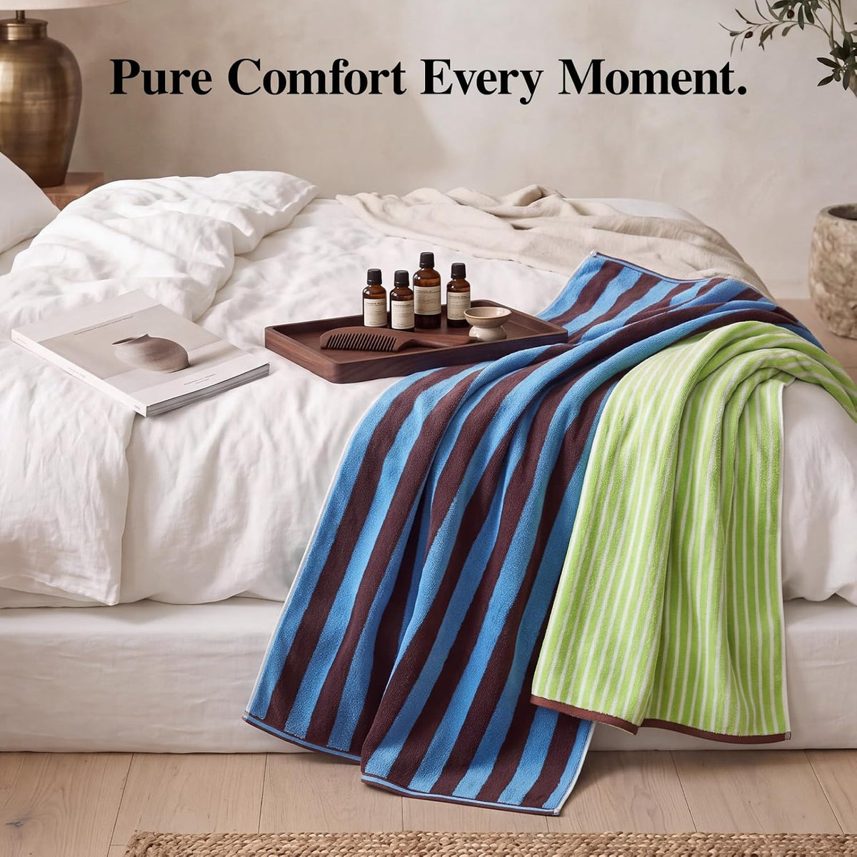 ecolook Reversible Striped Towel Set of 6, Soft 100% Cotton, Blue & Green