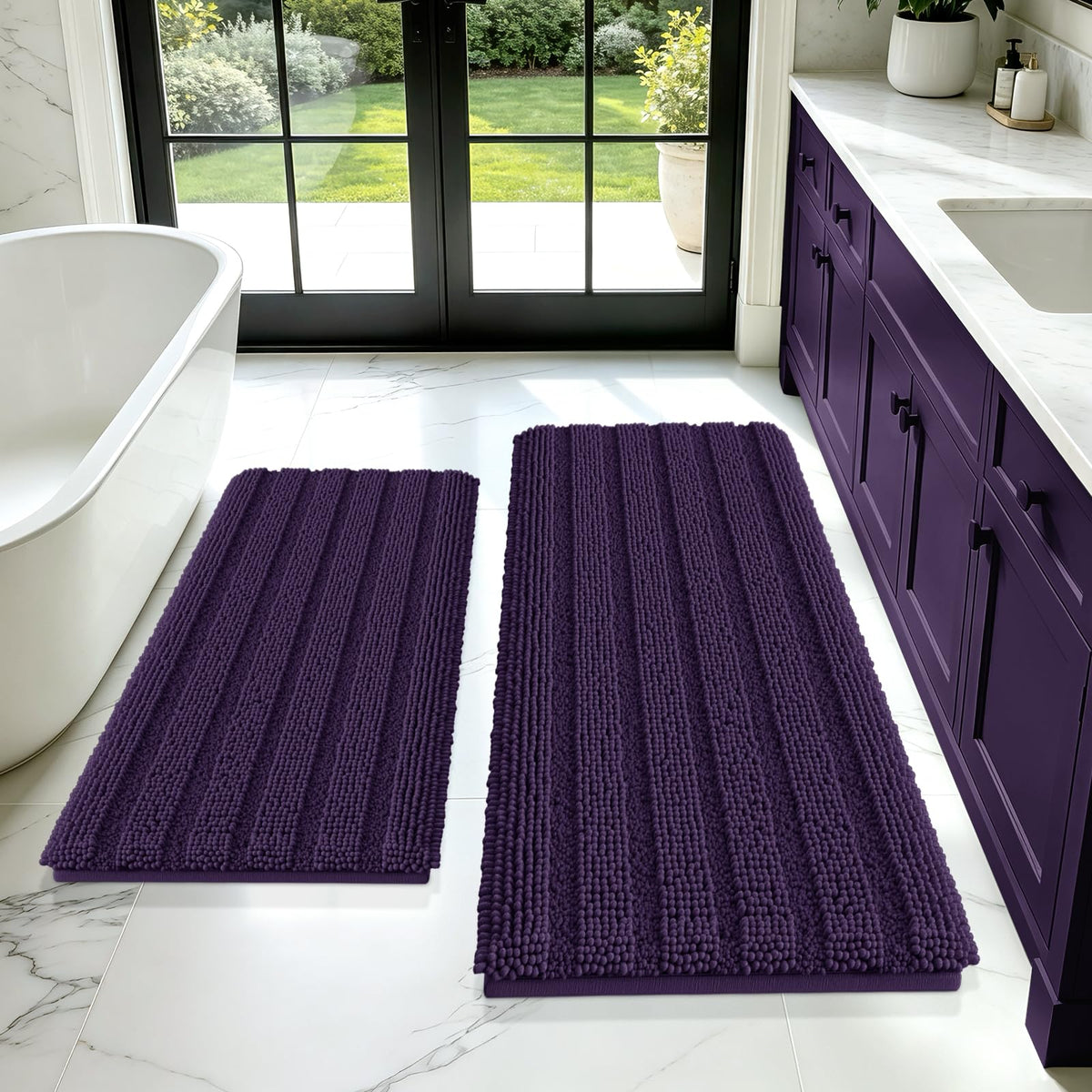 ACCUMTEK Christmas Striped Pink Bathroom Rug Set 3 Pieces Ultra Soft, Non Slip Chenille Toilet Mat, Absorbent Plush Shaggy Bath Mats for Bathroom, Bedroom, Kitchen
